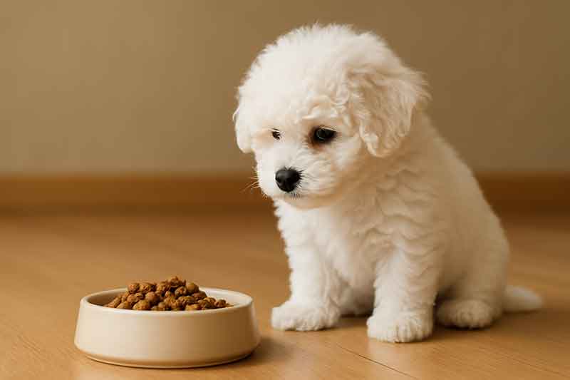 A Bichon Frise puppy hesitates and looks at the food dish