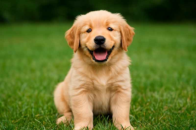 A cute golden retriever puppy sitting on the lawn