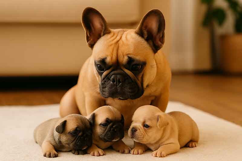 A mother French bulldog and her three puppies