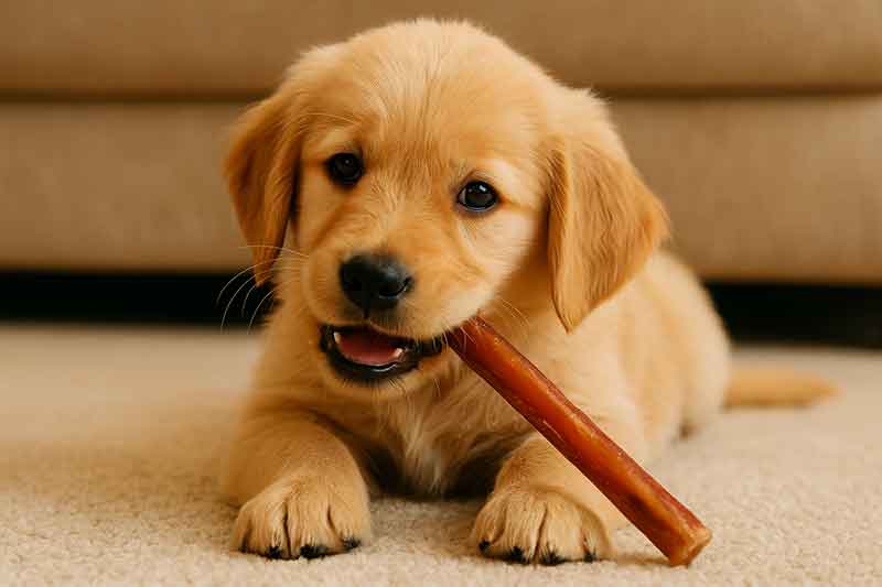 A puppy chewing a Bully Stick