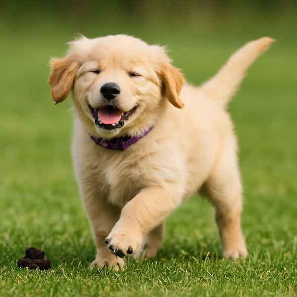 A puppy happily jumps after pooping on the grass