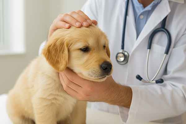 A puppy is gently examined on the head by a veterinarian