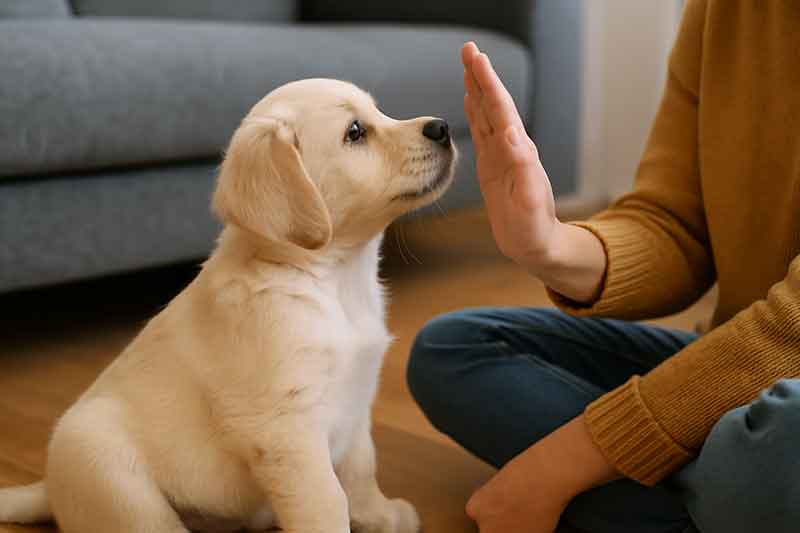 A puppy is taught by his owner to be quiet