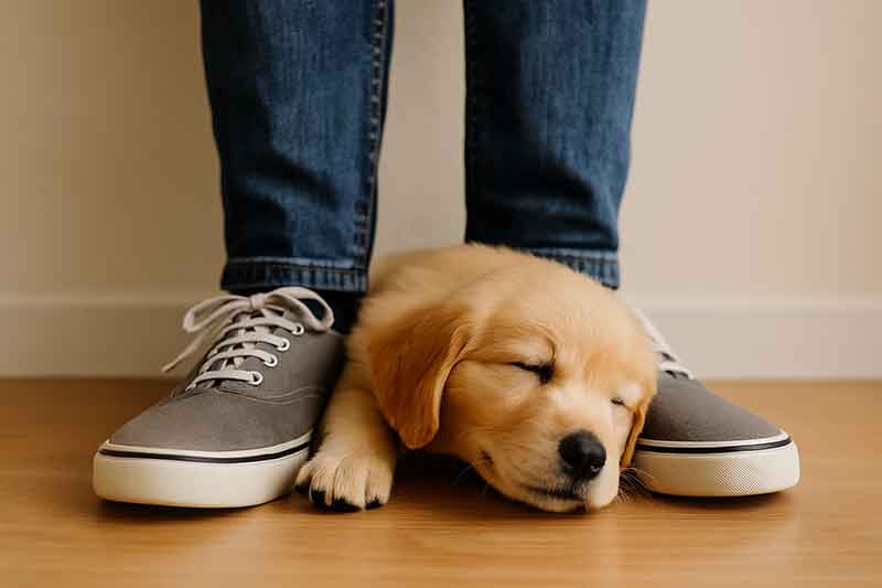 A puppy naps quietly at the feet of its owner