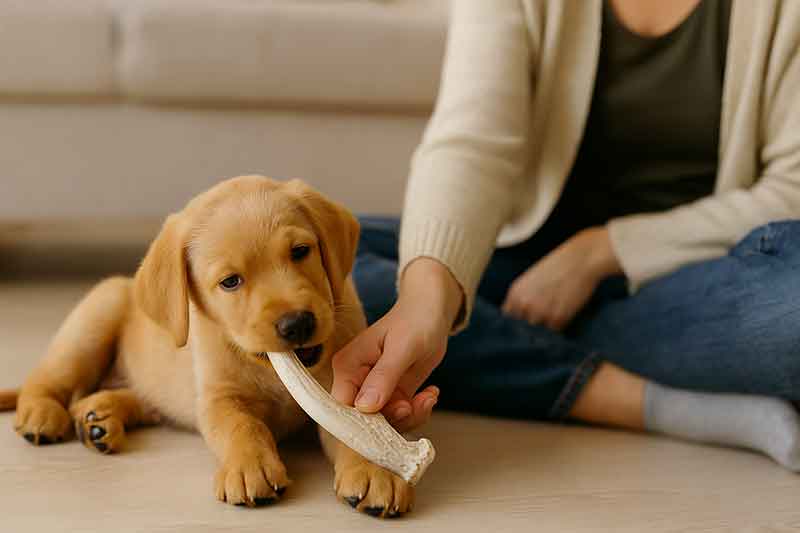 A puppy nibbles curiously on a deer antler