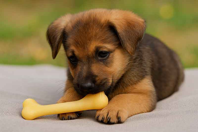 A puppy quietly chews on a Nylabone toy