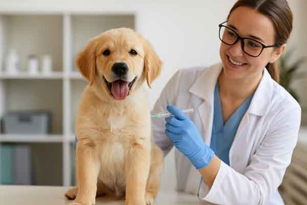 A puppy receives an injection at a veterinary clinic