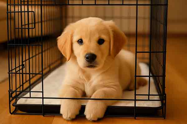 A puppy stays in the kennel