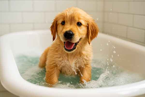 A puppy taking a bath in the bathtub