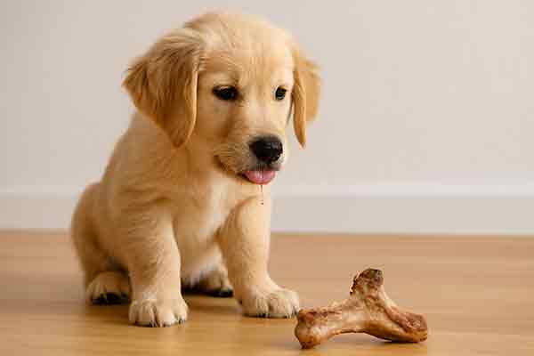 The puppy drools at a bone