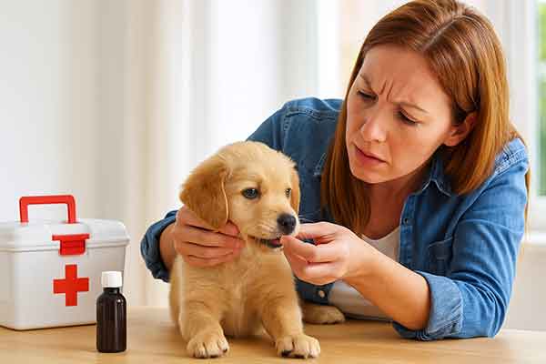 The owner anxiously checked the foreign object near the puppy's mouth