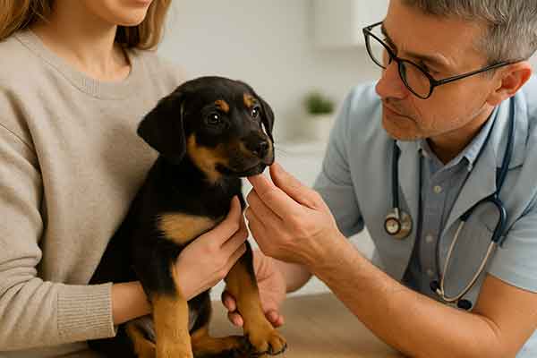The doctor is checking the puppy's expression and behavior