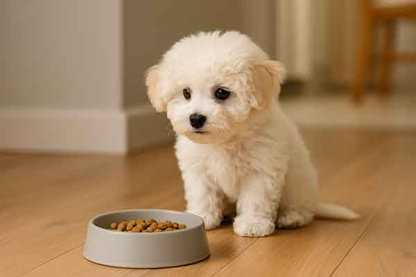 A little Bichon Frise puppy looks at the food with confusion