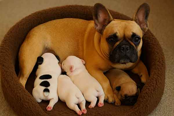 A mother Frenchie and several pups
