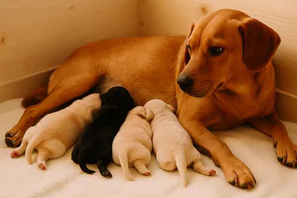 A mother dog takes care of four cute puppies in the delivery room