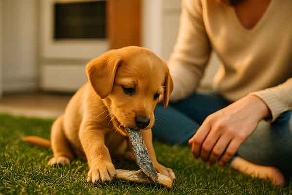 A puppy chewing a fish skin snack