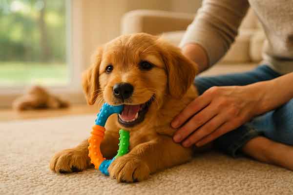 A puppy chewing gum