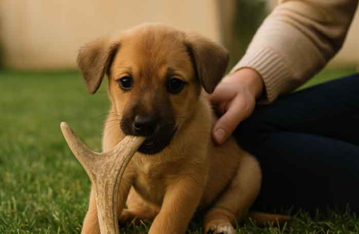 A puppy chews a deer antler toy