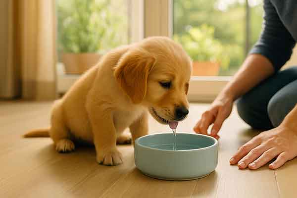 A puppy drinking water seriously