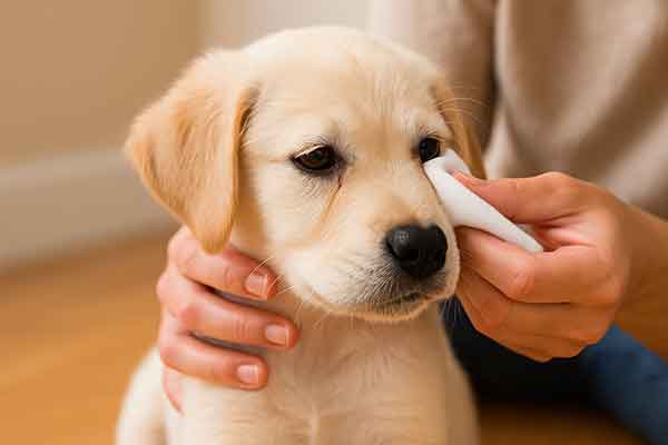 A puppy is having the tear marks around its eyes gently wiped by its owner