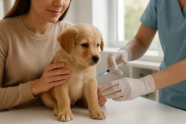 A puppy is vaccinated at the veterinary clinic