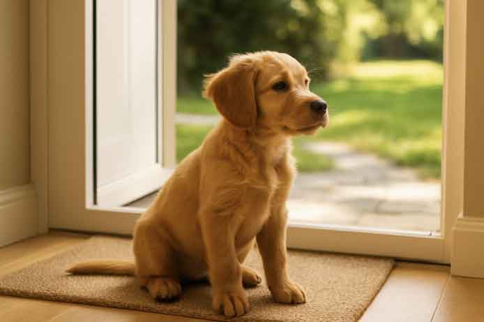 A puppy just finished eating and sat at the door