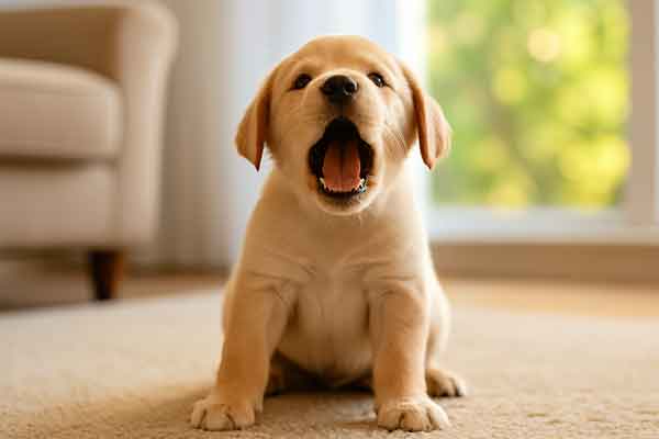 A puppy opens its mouth and makes its first bark