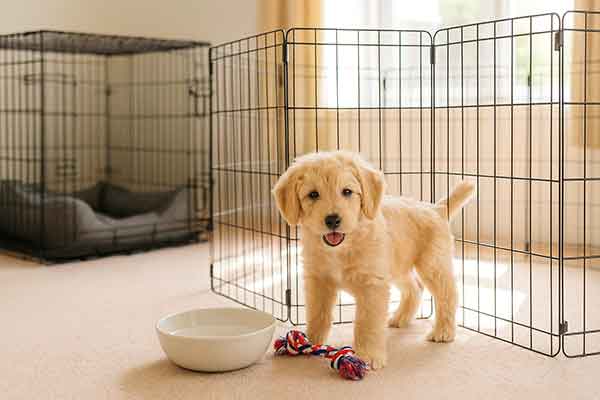 A puppy playing in a playpen