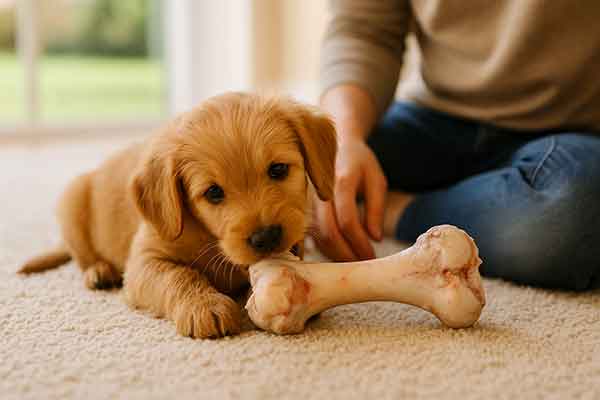 A puppy safely chews on a large raw bone