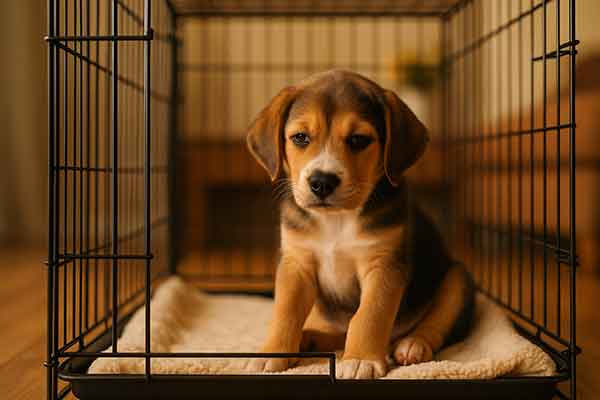 A puppy sitting in a crate