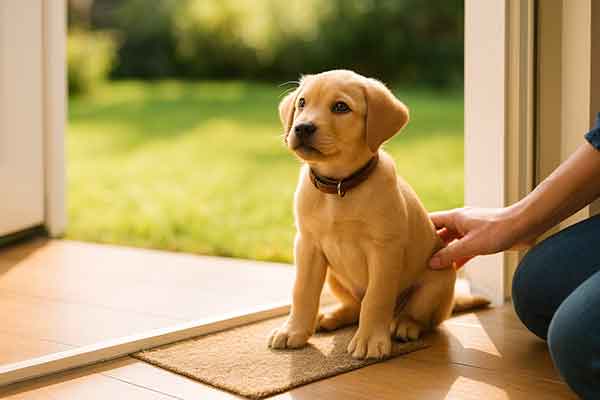 A puppy waiting to poop at the door