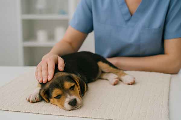 A veterinarian comforts a puppy infected with the virus