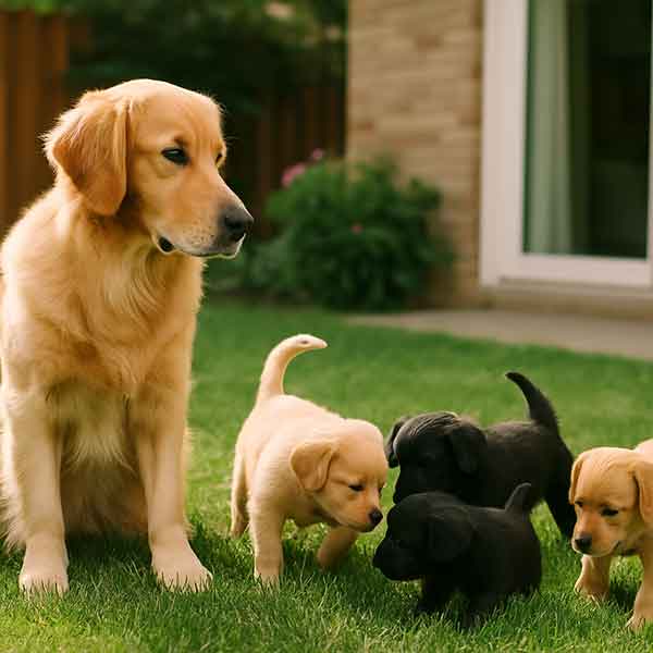 An adult male dog quietly watches several puppies playing