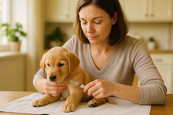 An owner is gently giving a puppy a vaccination