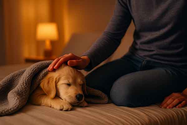 The owner comforts a puppy nestled in a blanket