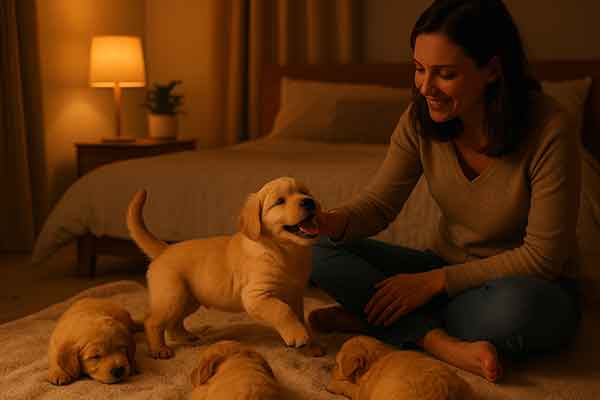 The owner comforts the puppy to keep quiet at night