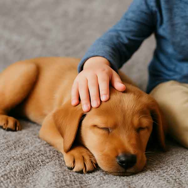 The owner is calming the puppy down