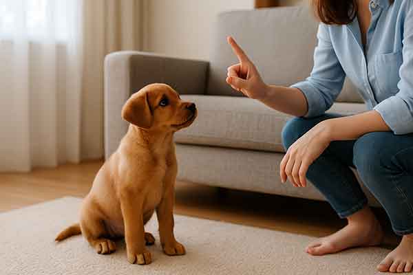 The owner is commanding a puppy to be quiet