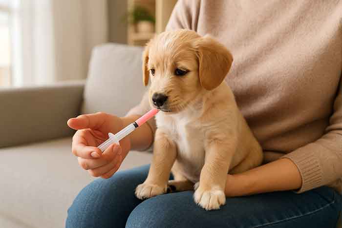 The owner is feeding medicine to the puppy with a syringe