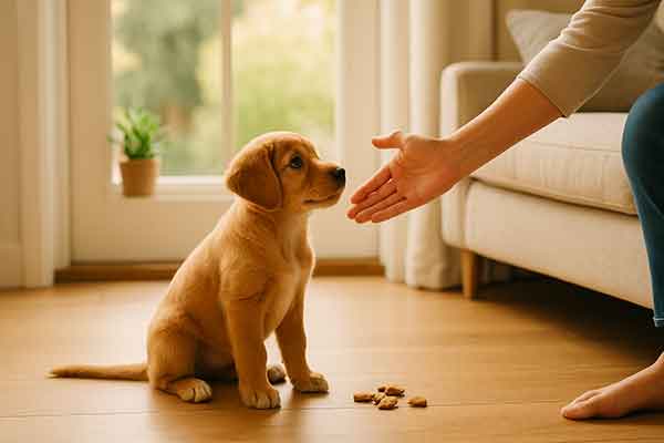 The owner is training the puppy with reward snacks