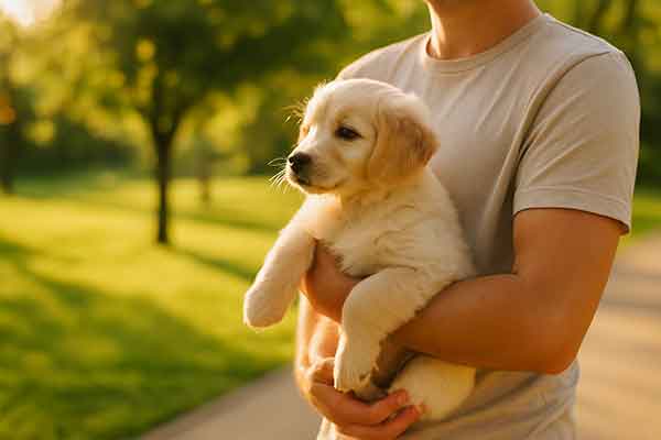 The owner takes the puppy out