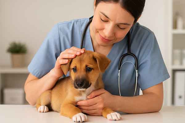 A doctor comforts a puppy before it undergoes sterilization surgery