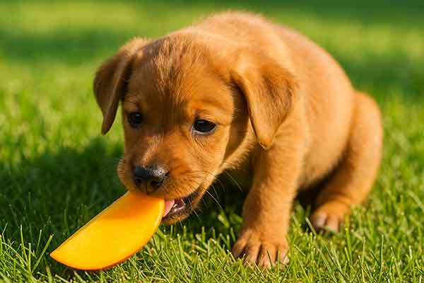 A puppy biting a mango