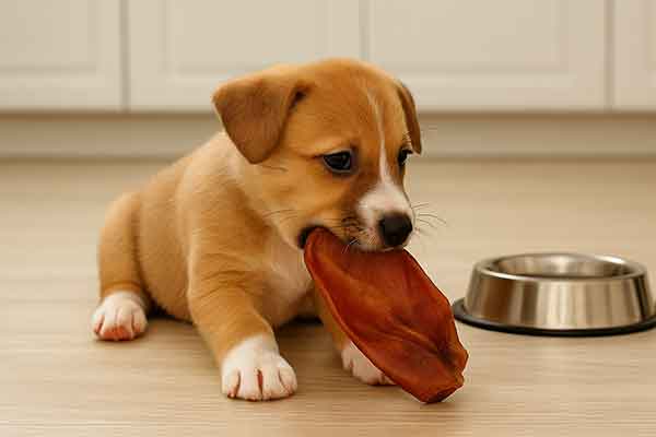 A puppy biting a pig ear snack