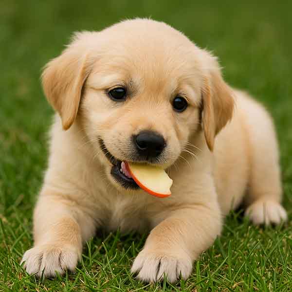 A puppy biting a small piece of apple