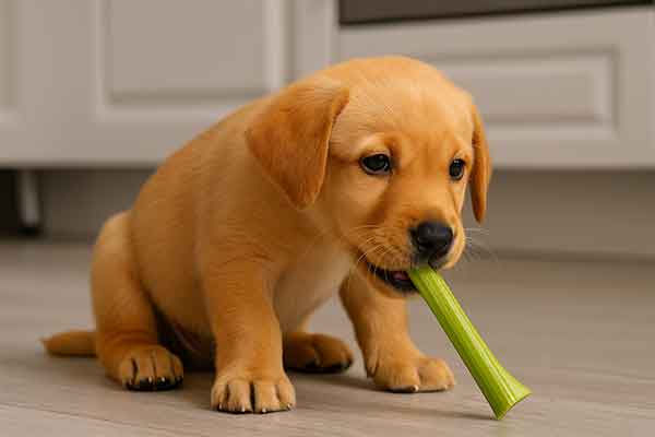 A puppy chewing on a piece of celery