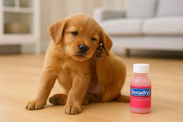 A puppy gently scratches his ear due to allergies