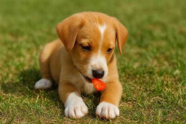 A puppy is biting a piece of ripe tomato