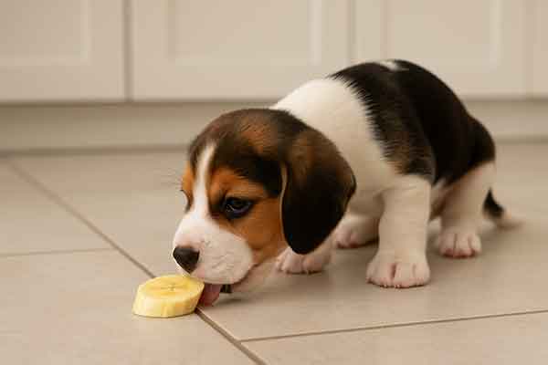 A puppy is eating a banana