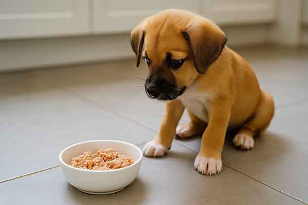 A puppy is looking at a bowl of tuna mince